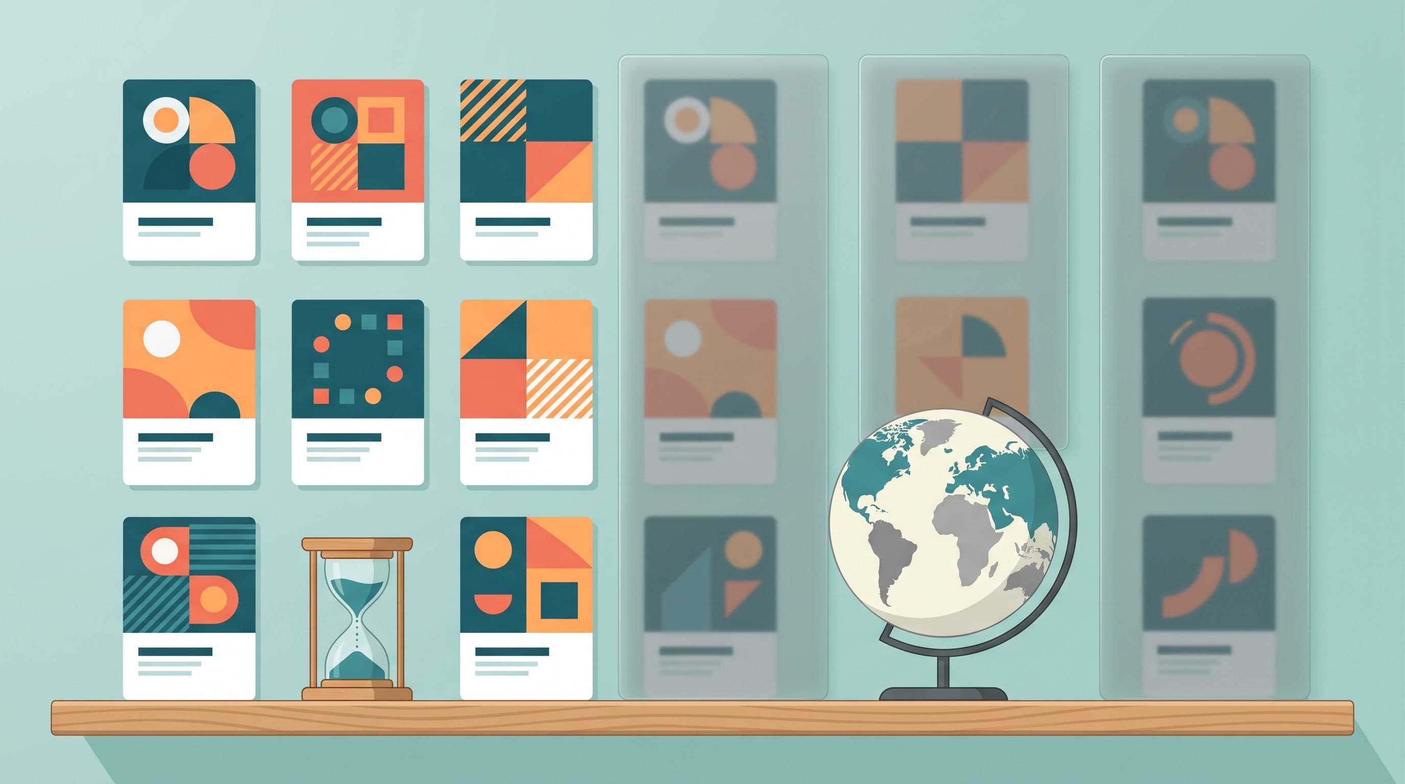 Grid of product cards with some dimmed, an hourglass and a partly greyed globe illustrating switching products off by time and country