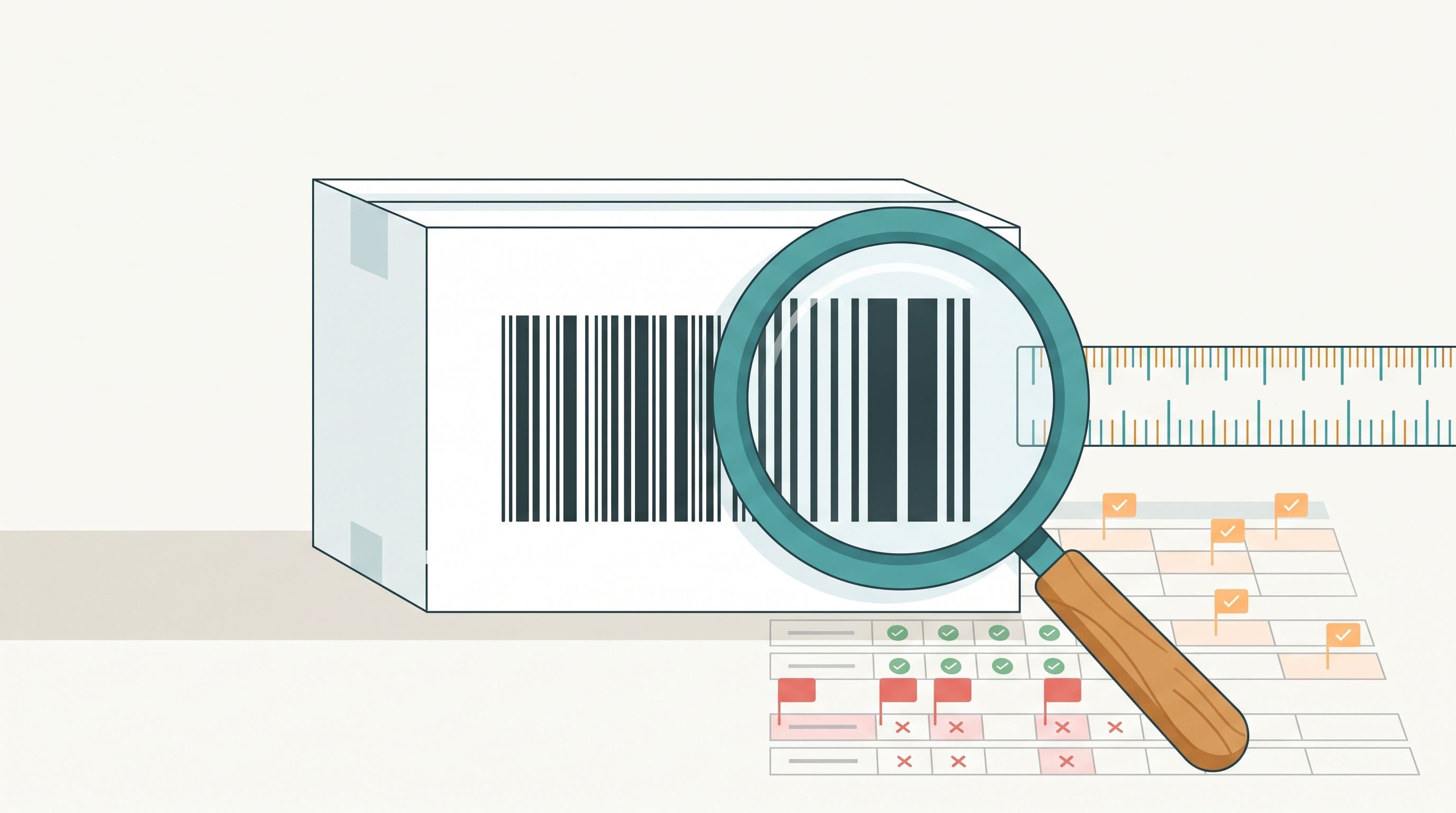 Illustration of a barcode under a magnifying glass beside feed rows marked valid and invalid