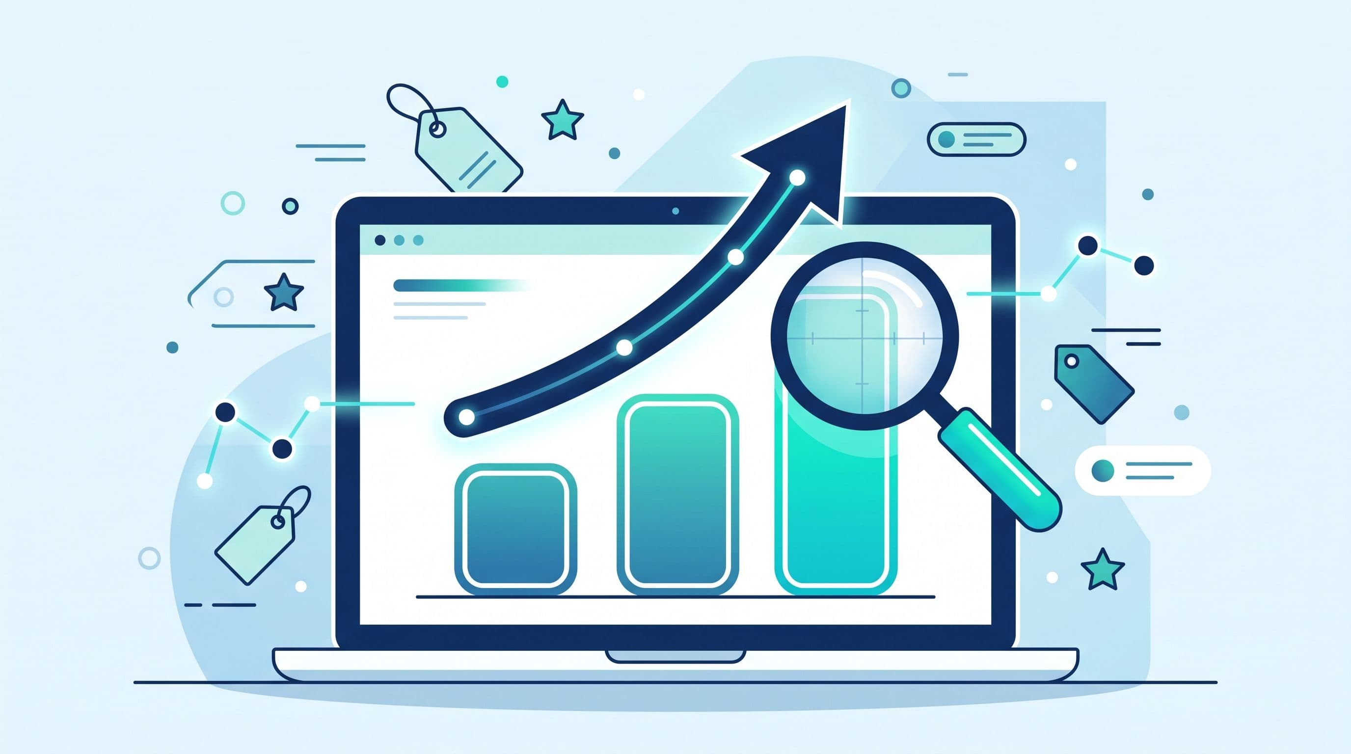 Illustration of a before-and-after bar chart with a magnifying glass, representing measuring the ROAS impact of a product feed change