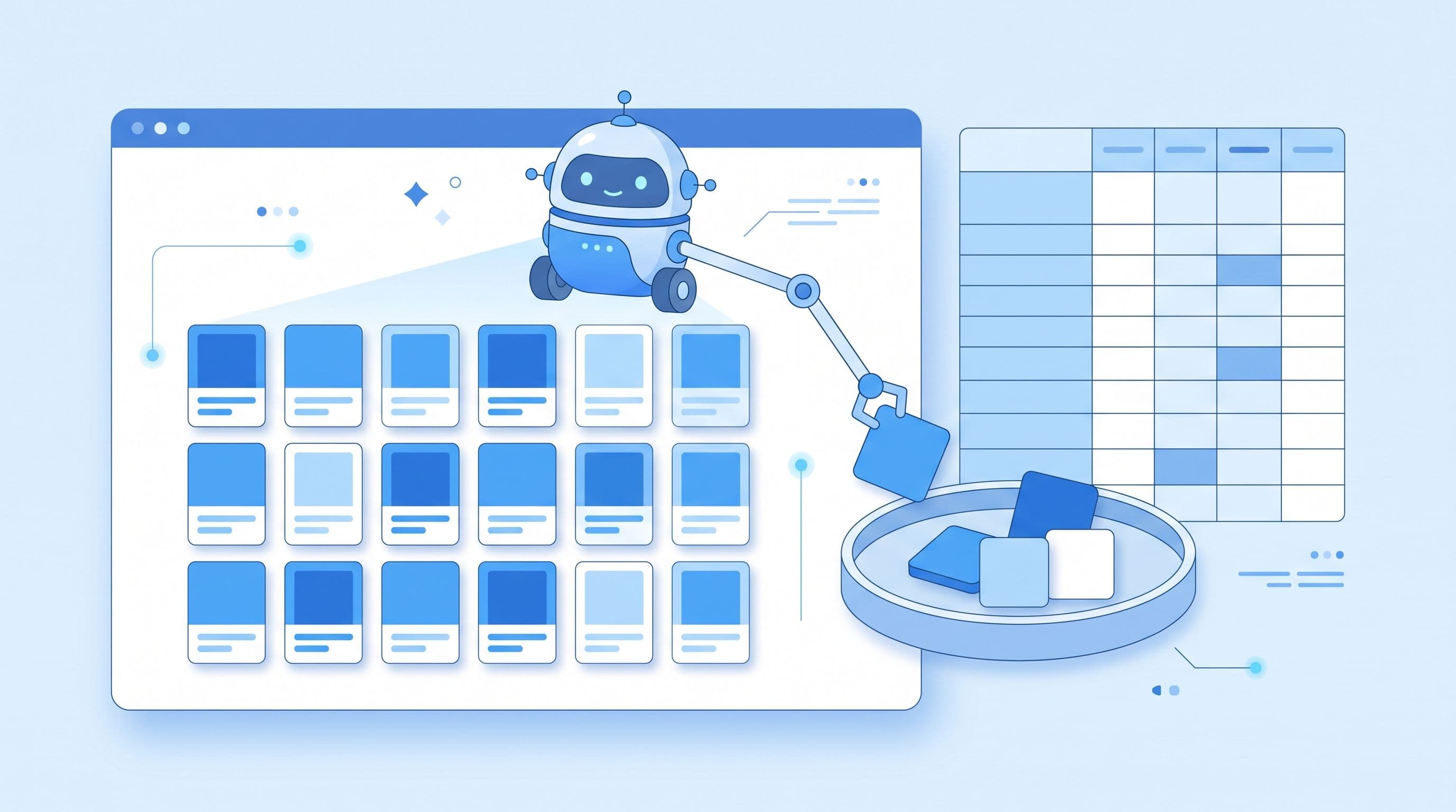 Illustration of a crawler adding extra product tiles next to an organized product catalog grid