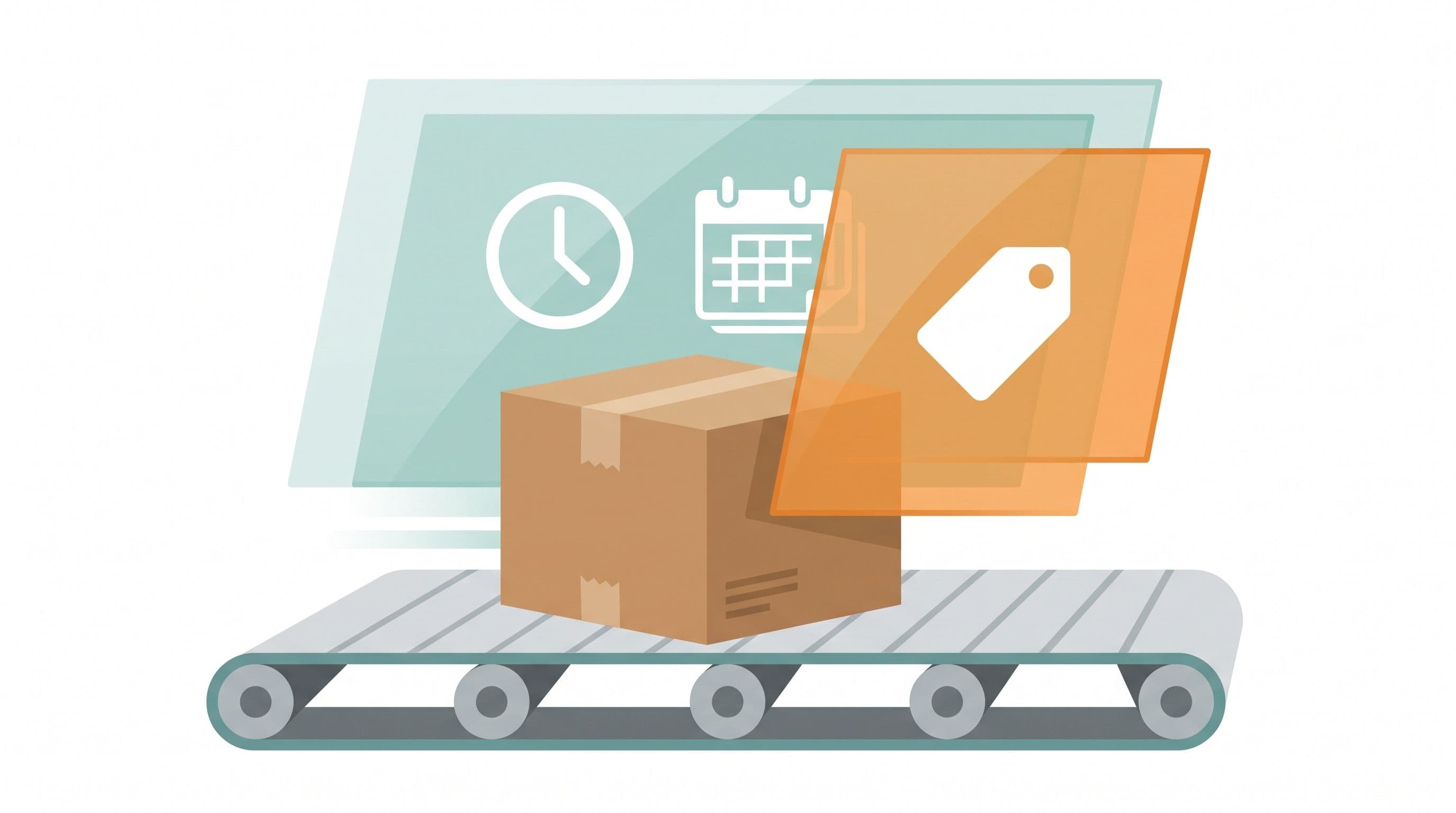 Illustration of a parcel on a conveyor with a price-tag layer covering a clock and calendar layer, representing a shipping override replacing delivery time settings
