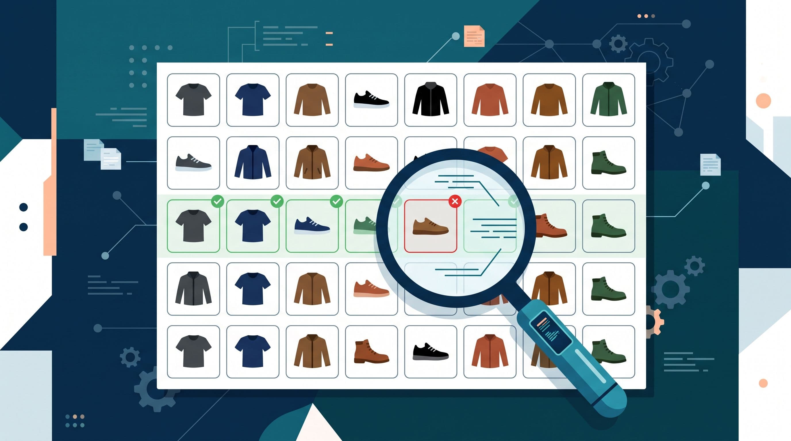 Illustration of a QA scanning process checking a grid of product listings for data errors