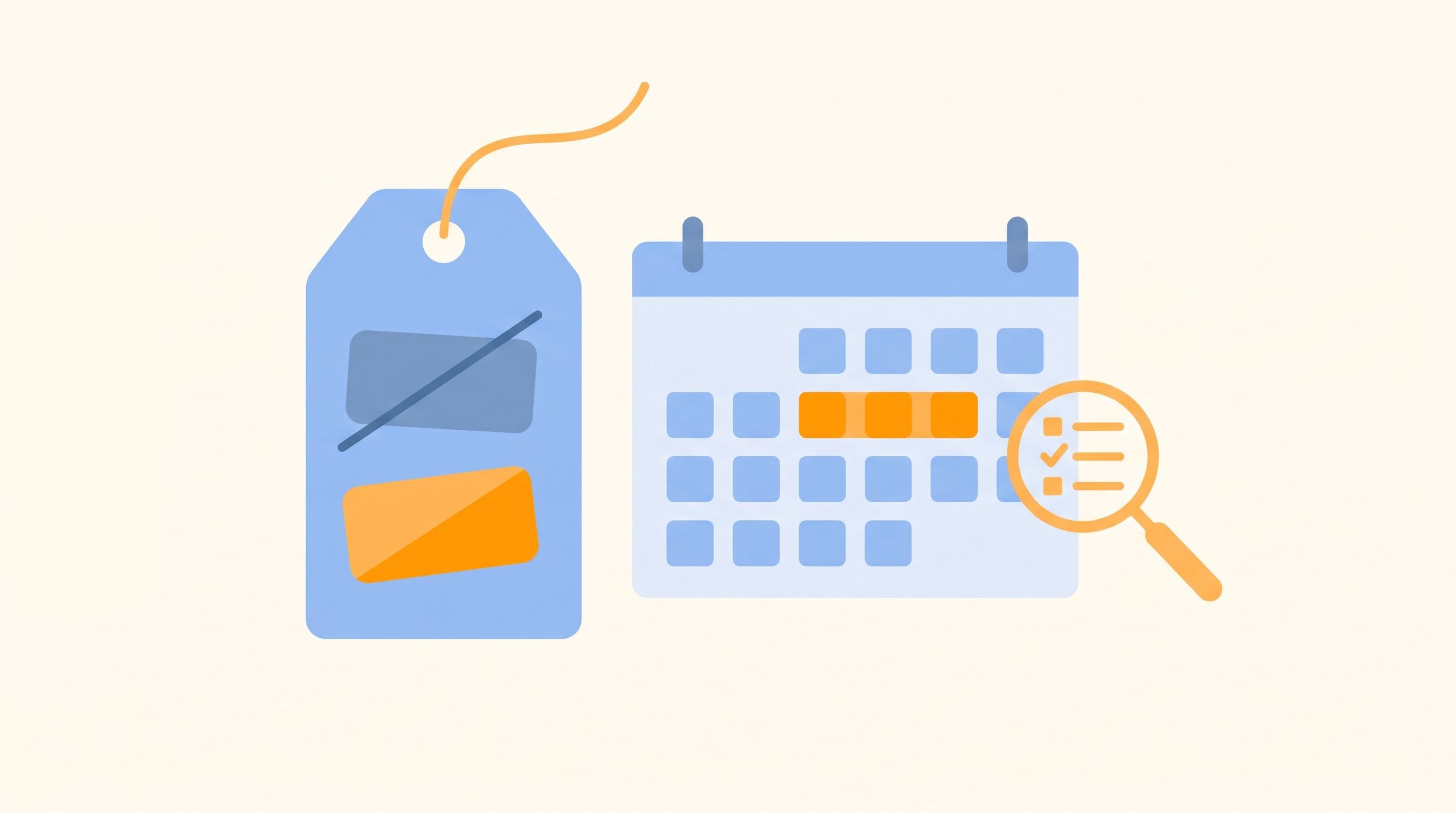 Illustration of a sale price tag, calendar and checklist representing a Google Shopping sale price diagnostic