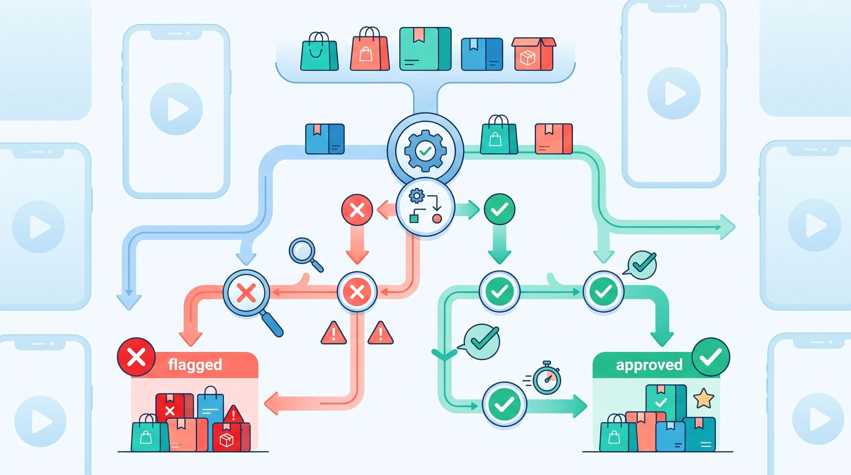 Illustration of product data flowing through a diagnostic decision tree, with some items routed to an approved path and others flagged for review